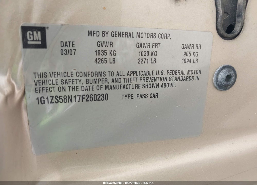 2007 CHEVROLET MALIBU LS VIN: 1G1ZS58N17F260230