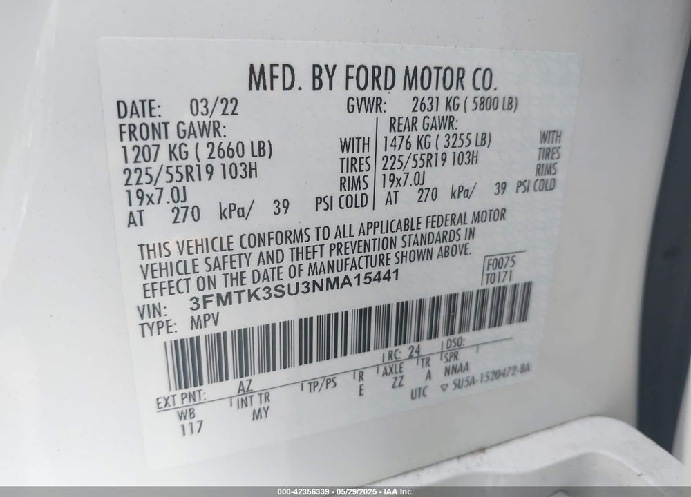 2022 FORD MUSTANG MACH-E VIN: 3FMTK3SU3NMA15441
