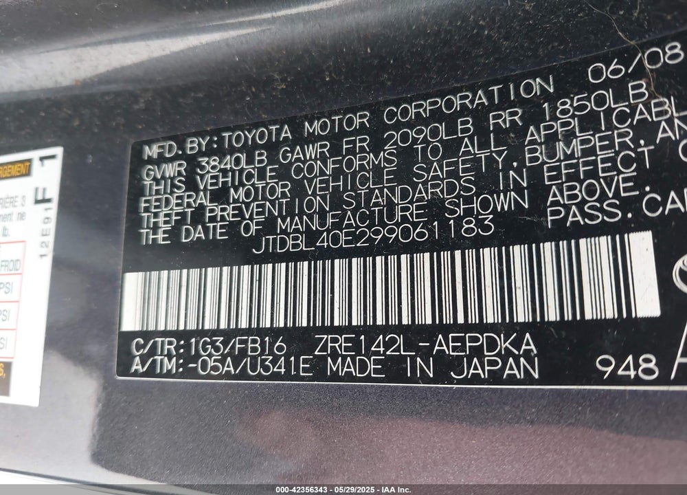 2009 TOYOTA COROLLA VIN: JTDBL40E299061183
