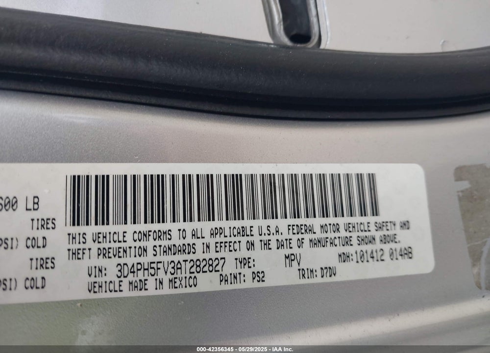 2010 DODGE JOURNEY VIN: 3D4PH5FV3AT282827