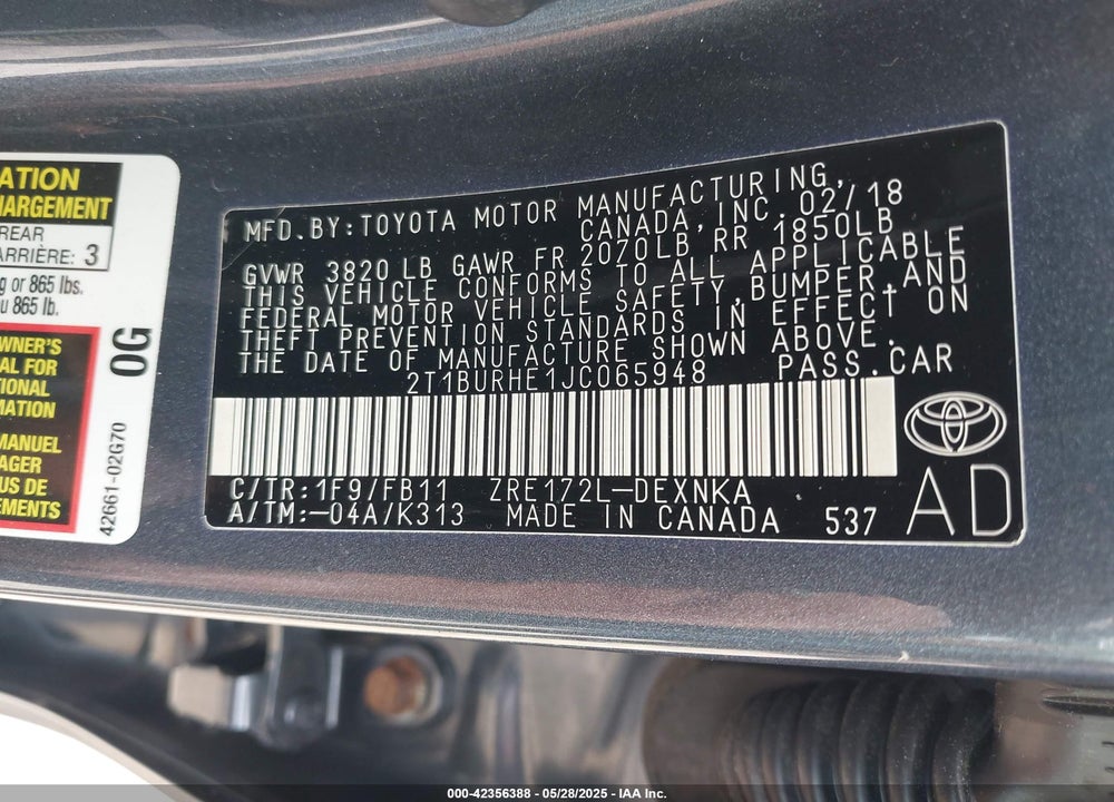 2018 TOYOTA COROLLA VIN: 2T1BURHE1JC065948