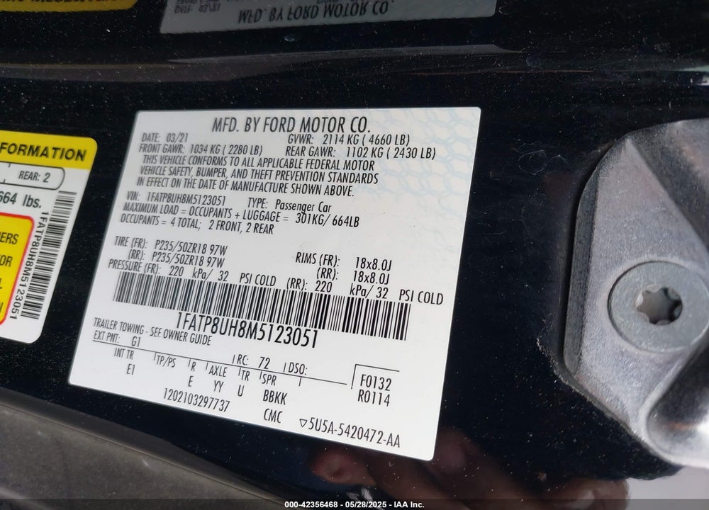 2021 FORD MUSTANG ECOBOOST PREMIUM VIN: 1FATP8UH8M5123051