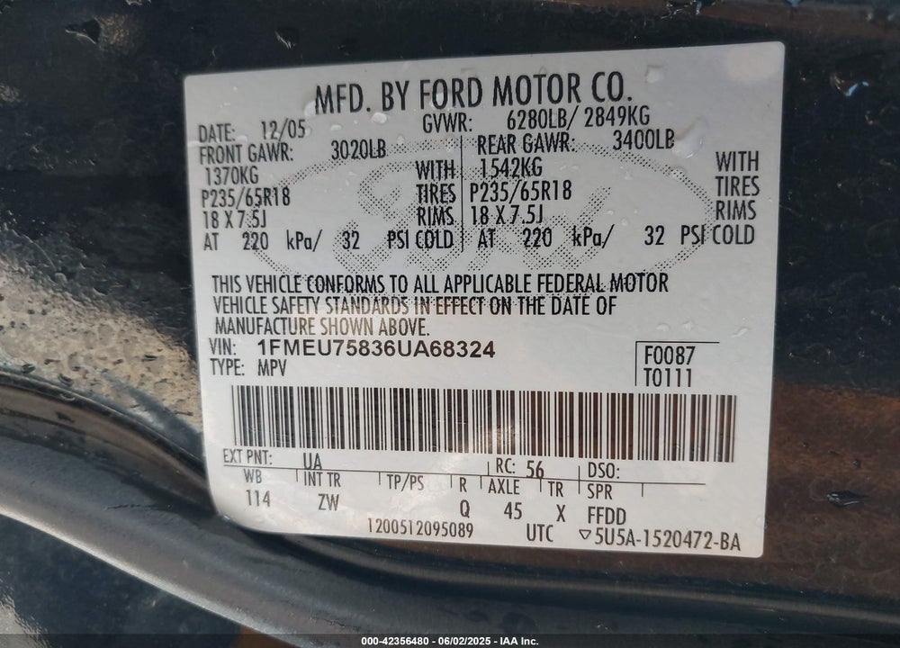 2006 FORD EXPLORER LIMITED VIN: 1FMEU75836UA68324