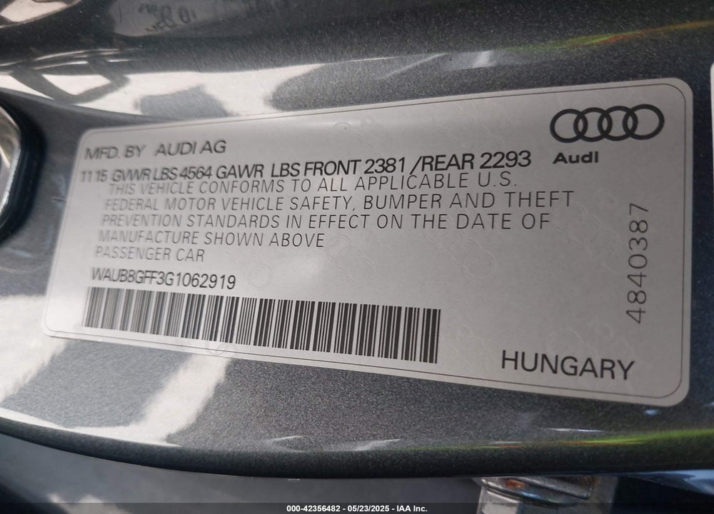 2016 AUDI A3 2.0T PREMIUM VIN: WAUB8GFF3G1062919