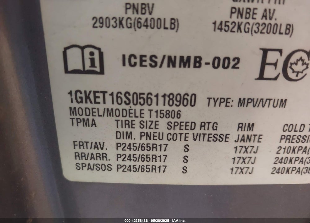 2005 GMC ENVOY XL SLE/SLT VIN: 1GKET16S056118960