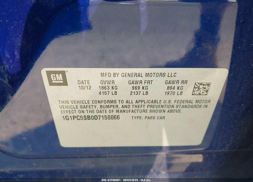 2013 CHEVROLET CRUZE 1LT AUTO VIN: 1G1PC5SB0D7150066
