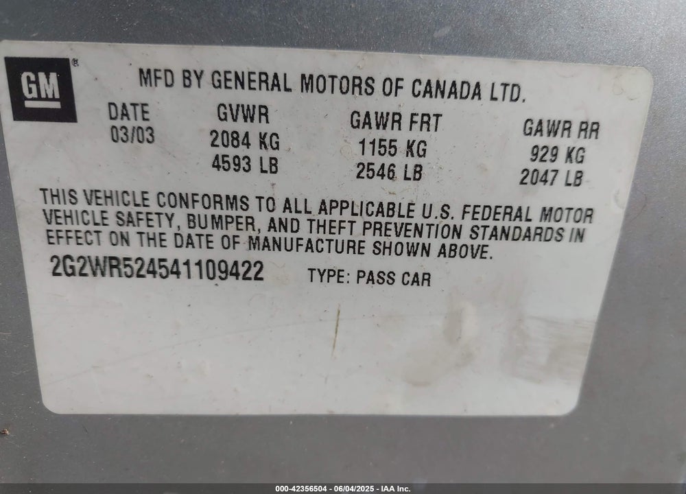 2004 PONTIAC GRAND PRIX GTP VIN: 2G2WR524541109422