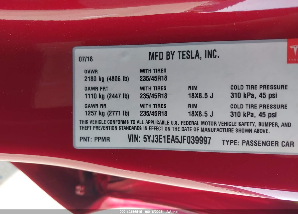 2018 TESLA MODEL 3 VIN: 5YJ3E1EA5JF039997