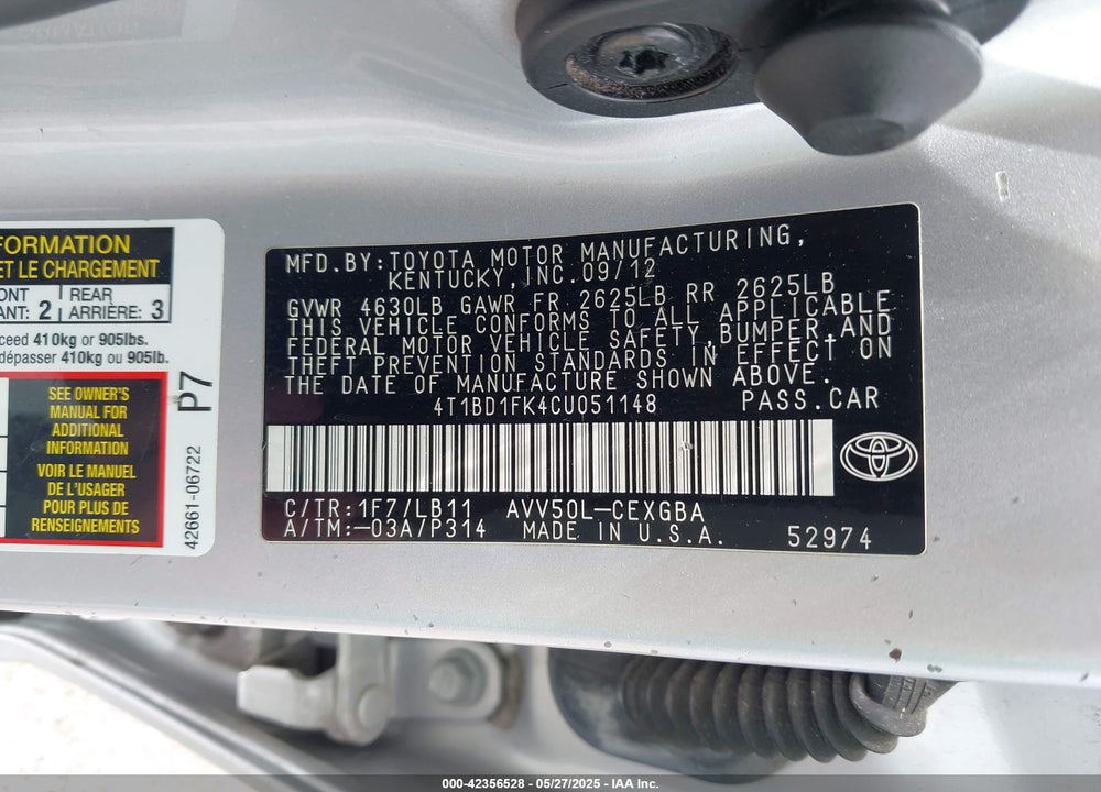 2012 TOYOTA CAMRY HYBRID LE/XLE VIN: 4T1BD1FK4CU051148