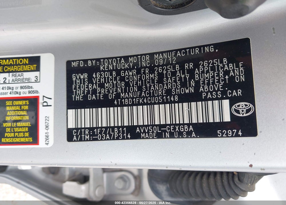 2012 TOYOTA CAMRY HYBRID LE/XLE VIN: 4T1BD1FK4CU051148