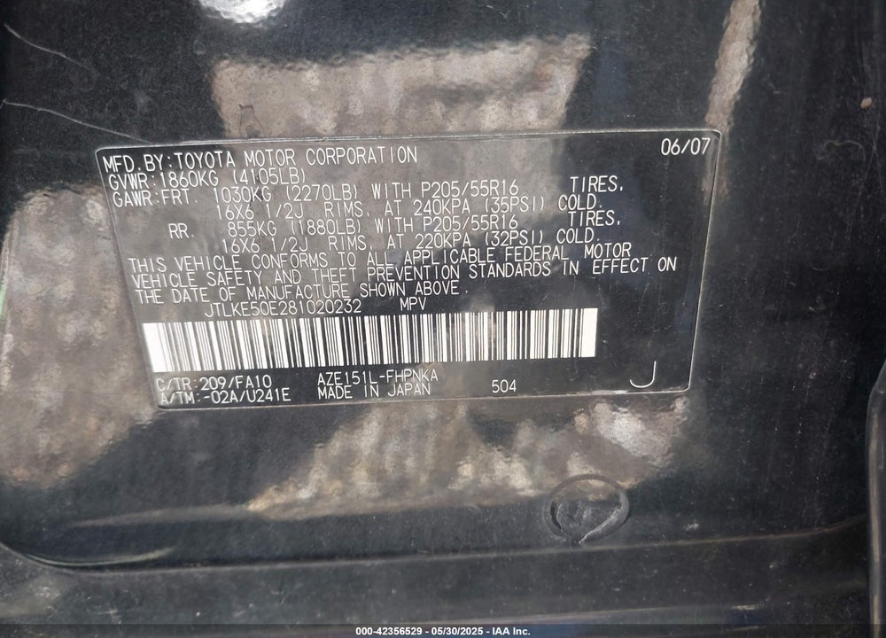 2008 TOYOTA SCION VIN: JTLKE50E281020232