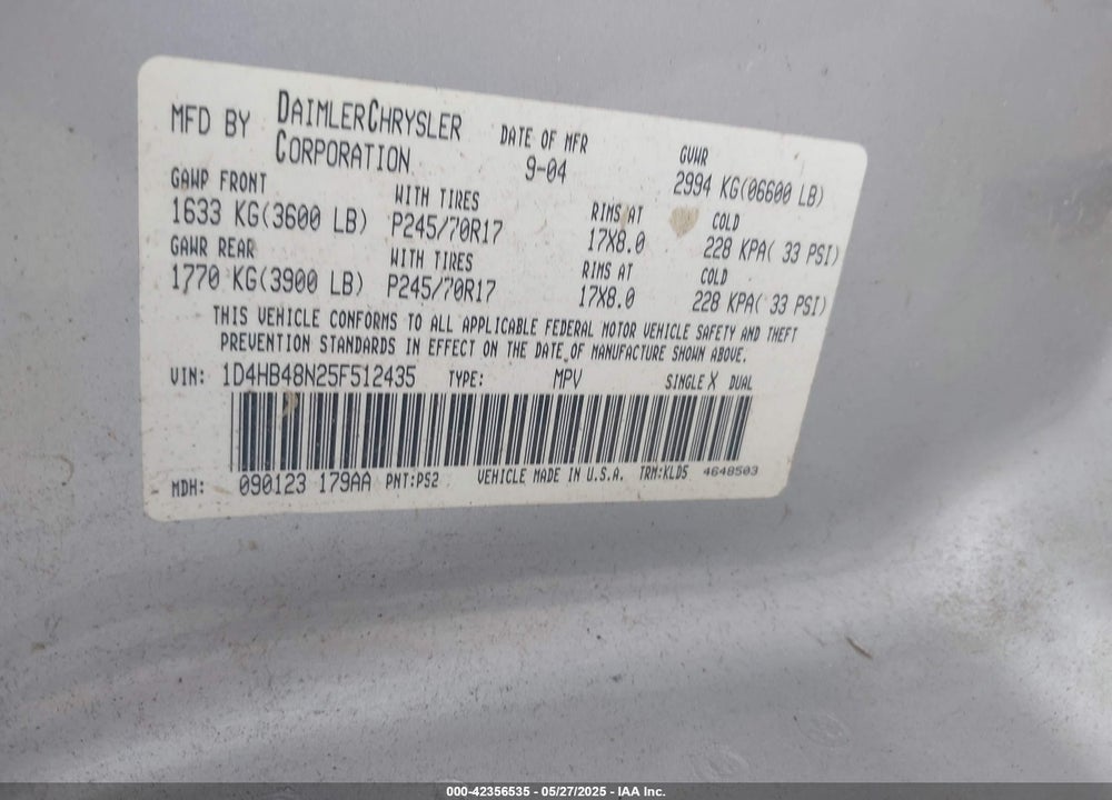 2005 DODGE DURANGO SLT VIN: 1D4HB48N25F512435
