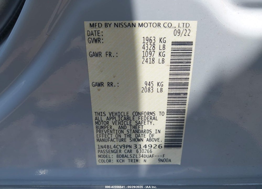 2023 NISSAN ALTIMA VIN: 1N4BL4CV9PN314926