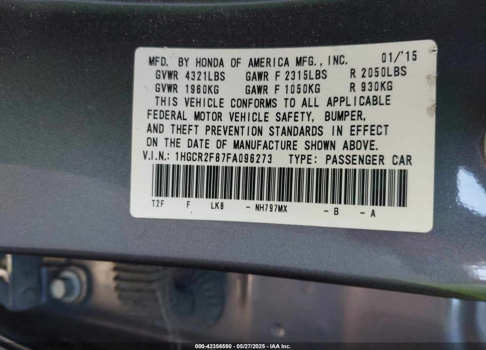 2015 HONDA ACCORD EX-L VIN: 1HGCR2F87FA096273