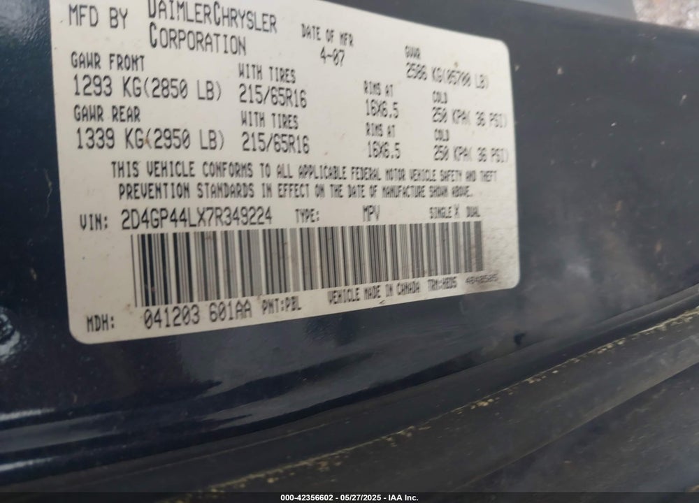 2007 DODGE GRAND CARAVAN SXT VIN: 2D4GP44LX7R349224