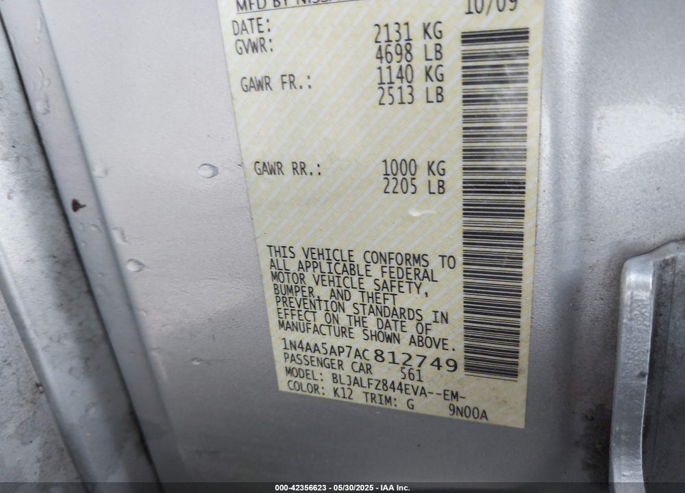 2010 NISSAN MAXIMA VIN: 1N4AA5AP7AC812749