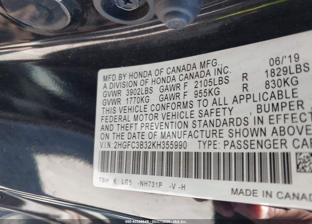 2019 HONDA CIVIC EX VIN: 2HGFC3B32KH355990