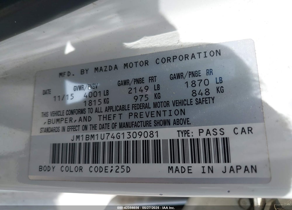 2016 MAZDA 3 I SPORT VIN: JM1BM1U74G1309081