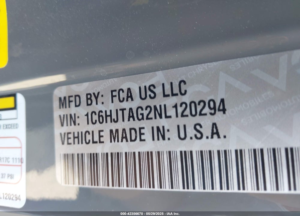 2022 JEEP GLADIATOR VIN: 1C6HJTAG2NL120294