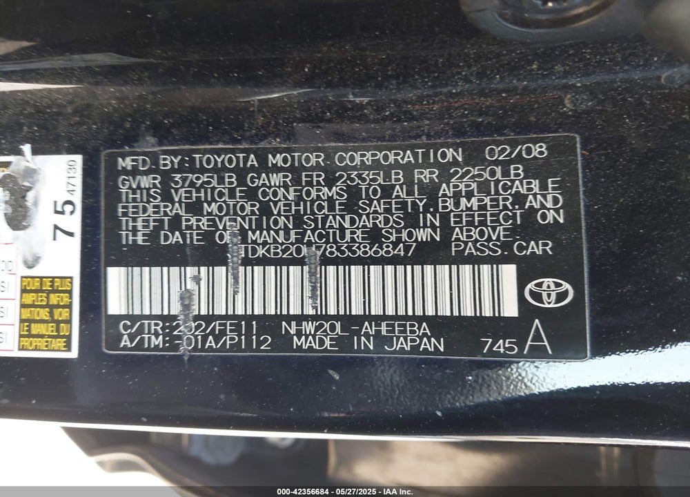 2008 TOYOTA PRIUS VIN: JTDKB20U783386847