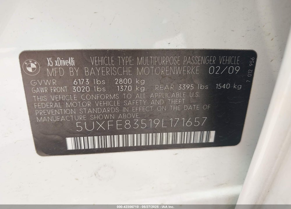 2009 BMW X5 XDRIVE48I VIN: 5UXFE83519L171657