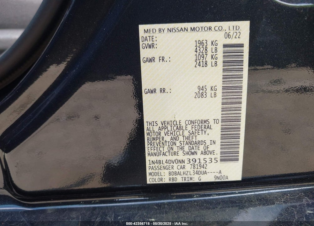 2022 NISSAN ALTIMA VIN: 1N4BL4DV0NN391535