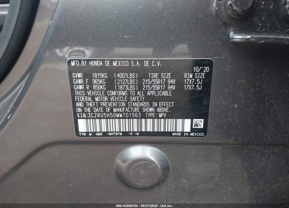 2021 HONDA HR-V VIN: 3CZRU5H50MM701563