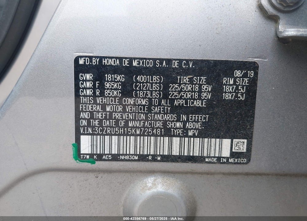 2019 HONDA HR-V SPORT VIN: 3CZRU5H15KM725481