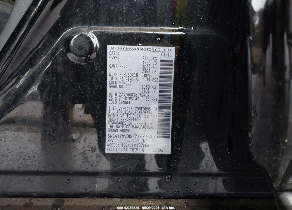2019 NISSAN ROGUE SV VIN: 5N1AT2MV0KC767647