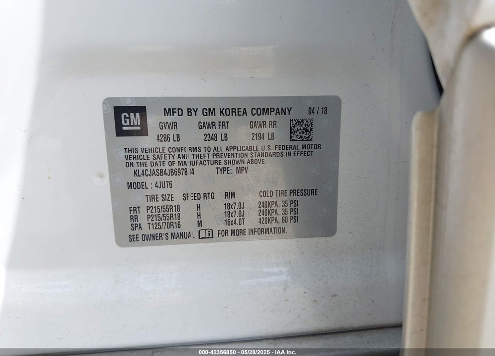 2018 BUICK ENCORE VIN: KL4CJASB4JB697834
