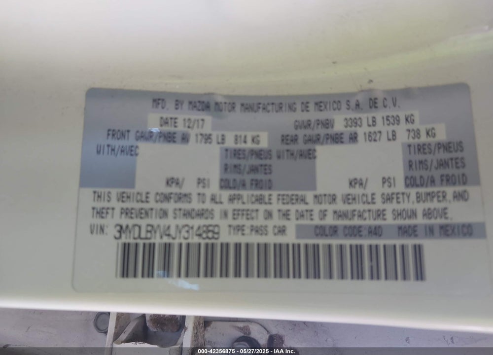 2018 TOYOTA YARIS IA VIN: 3MYDLBYV4JY314859