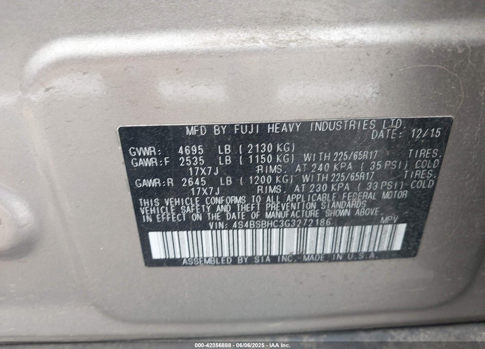 2016 SUBARU OUTBACK VIN: 4S4BSBHC3G3272186