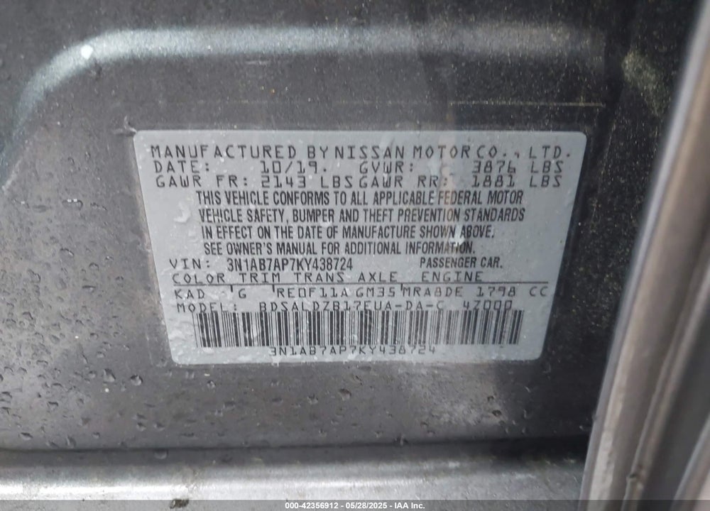 2019 NISSAN SENTRA SV VIN: 3N1AB7AP7KY438724