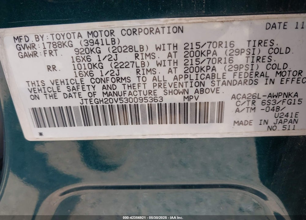 2003 TOYOTA RAV4 VIN: JTEGH20V530095363