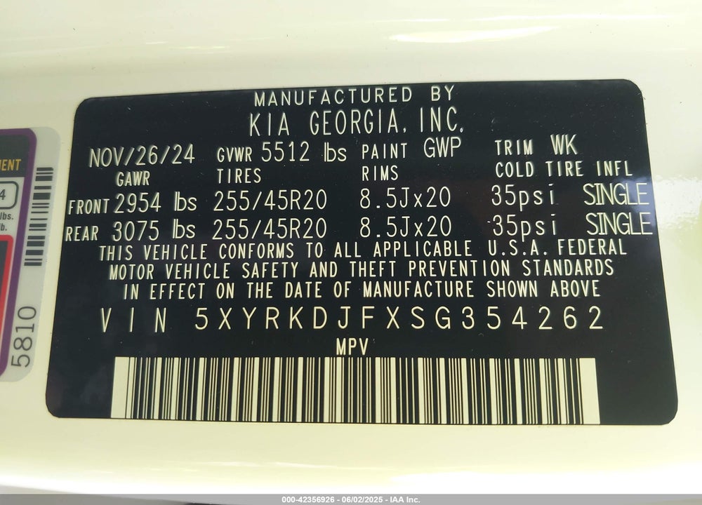 2025 KIA SORENTO VIN: 5XYRKDJFXSG354262