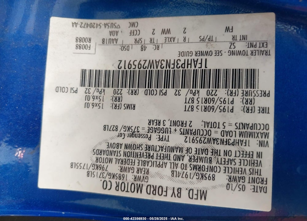 2010 FORD FOCUS VIN: 1FAHP3FN3AW295912