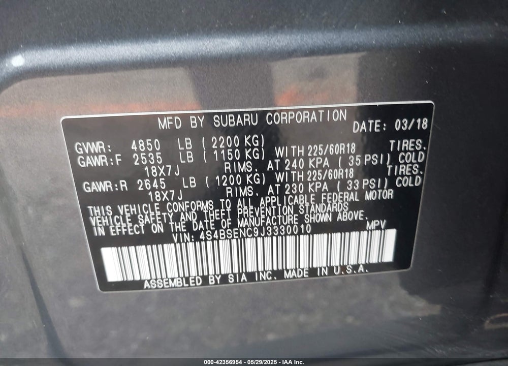 2018 SUBARU OUTBACK 3.6R LIMITED VIN: 4S4BSENC9J3330010