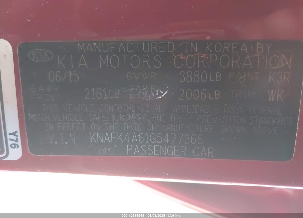 2016 KIA FORTE VIN: KNAFK4A61G5477366