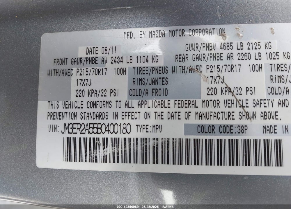 2011 MAZDA CX-7 I SV VIN: JM3ER2A55B0400180