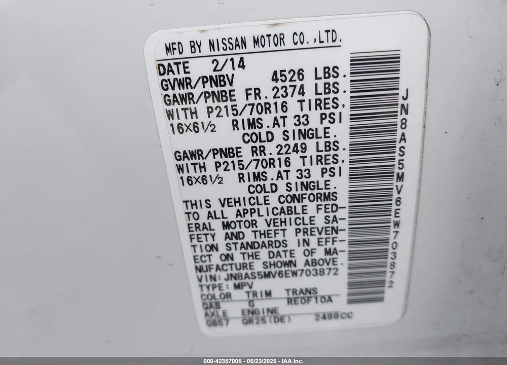 2014 NISSAN ROGUE SELECT VIN: JN8AS5MV6EW703872