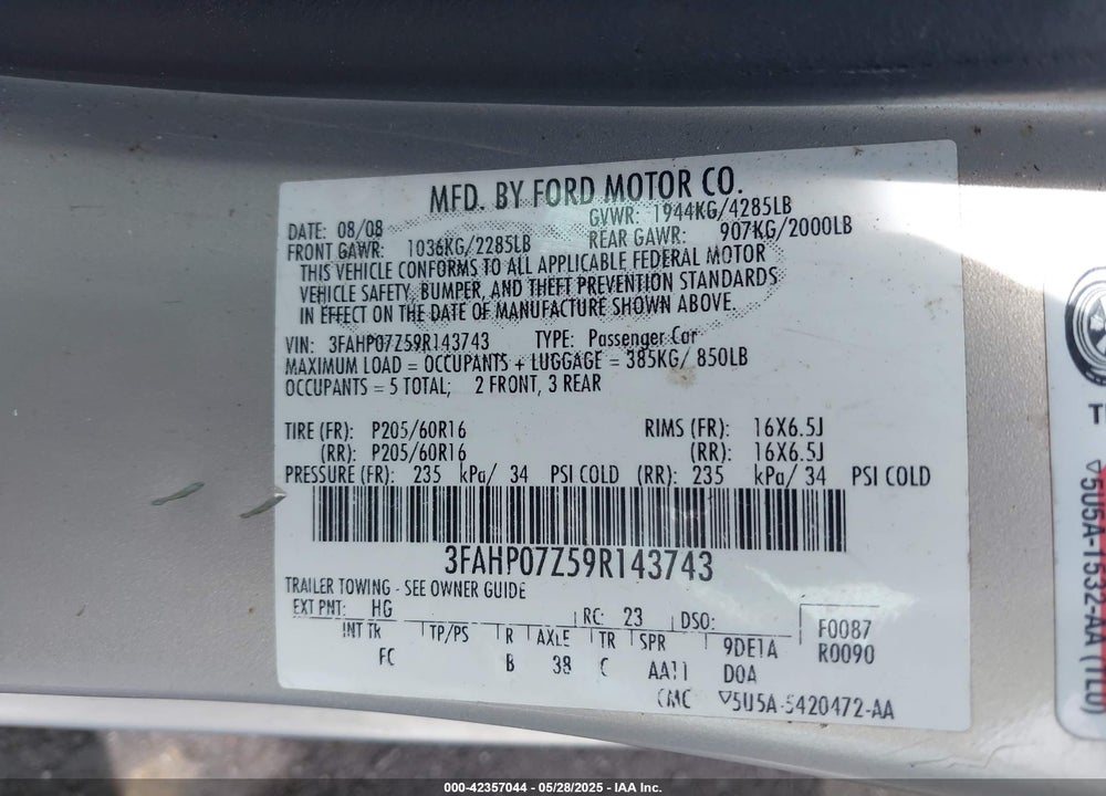 2009 FORD FUSION SE VIN: 3FAHP07Z59R143743