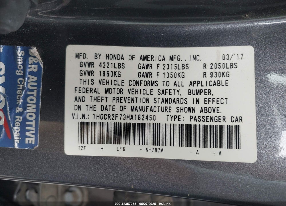 2017 HONDA ACCORD SEDAN VIN: 1HGCR2F73HA182450
