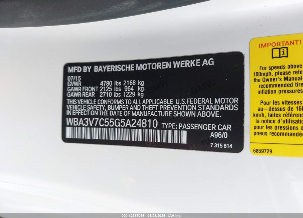 2016 BMW 4 SERIES VIN: WBA3V7C55G5A24810