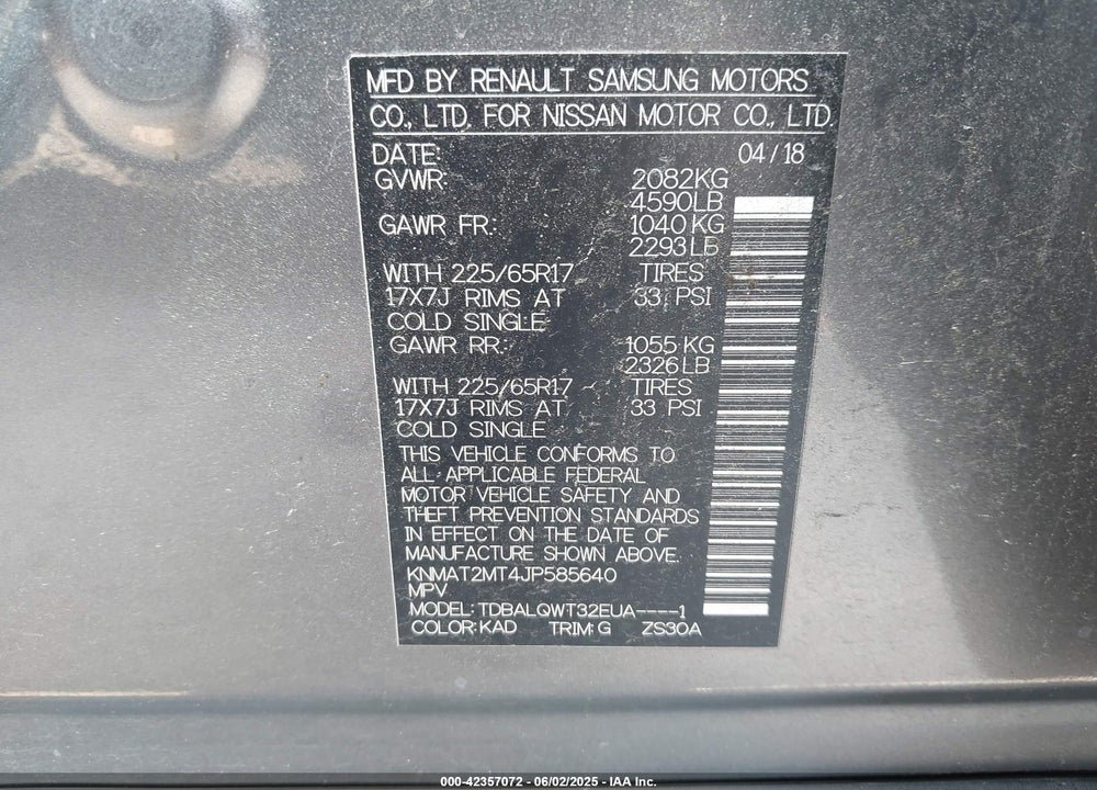 2018 NISSAN ROGUE SV VIN: KNMAT2MT4JP585640