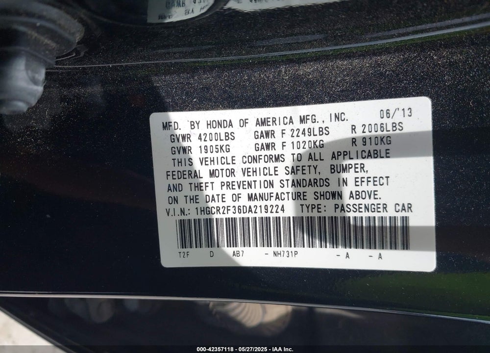 2013 HONDA ACCORD VIN: 1HGCR2F36DA219224