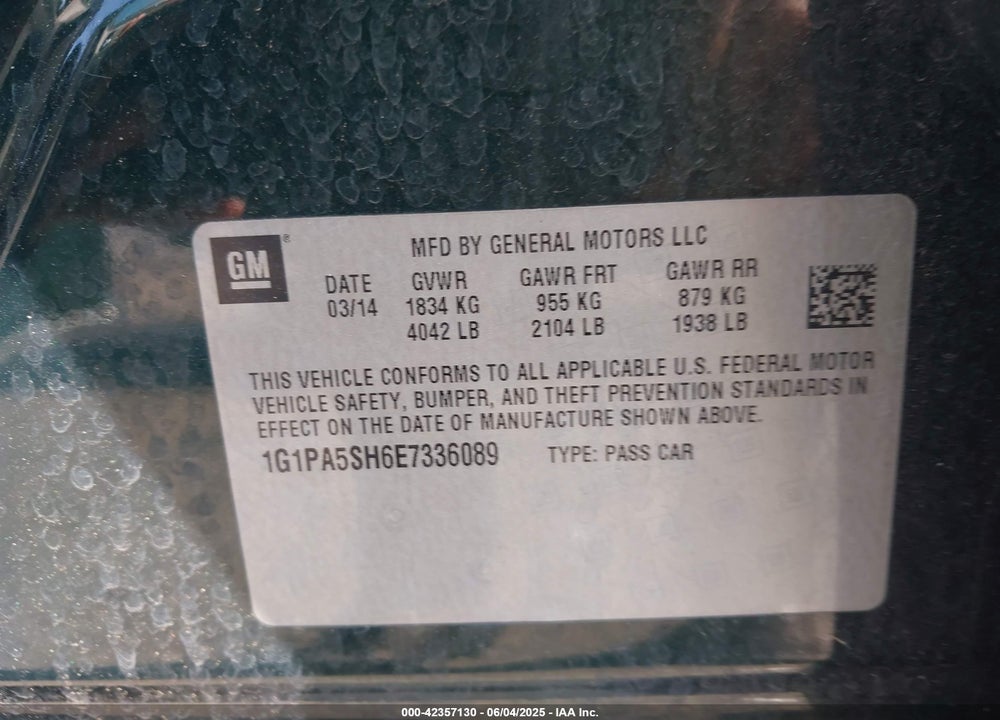 2014 CHEVROLET CRUZE VIN: 1G1PA5SH6E7336089