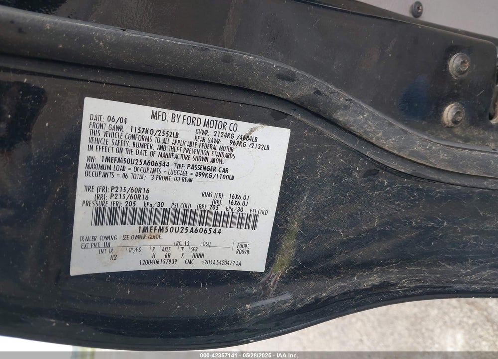 2005 MERCURY SABLE GS VIN: 1MEFM50U25A606544