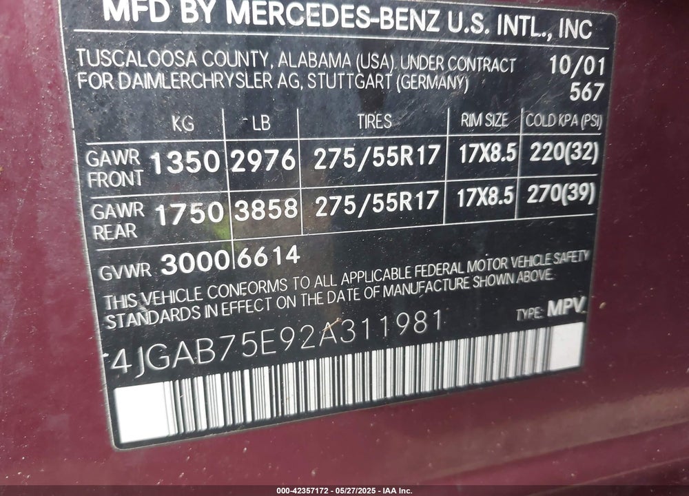 2002 MERCEDES-BENZ ML 500 VIN: 4JGAB75E92A311981
