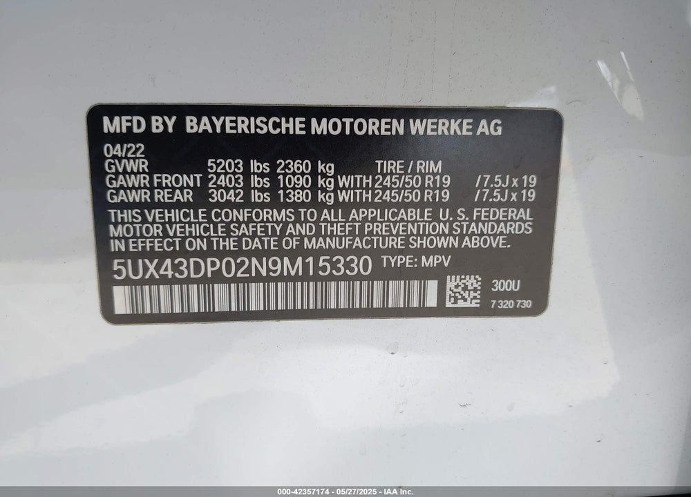 2022 BMW X3 SDRIVE30I VIN: 5UX43DP02N9M15330
