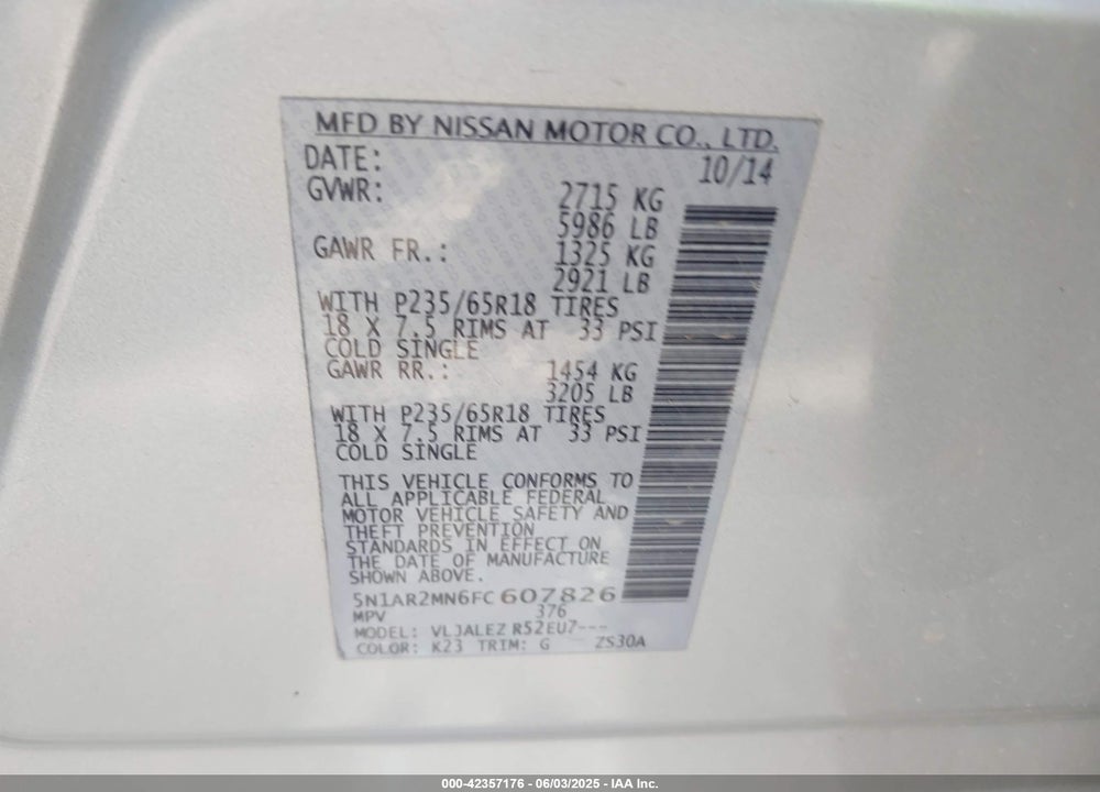 2015 NISSAN PATHFINDER VIN: 5N1AR2MN6FC607826